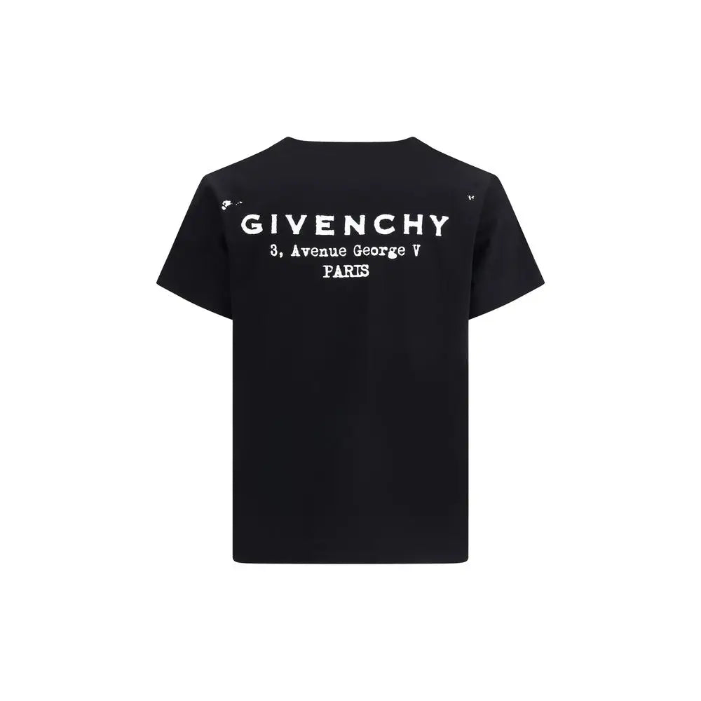 Svart Givenchy-logoet T-shirt med hvid Givenchy 3, avenue George V Paris-tekst på ryggen