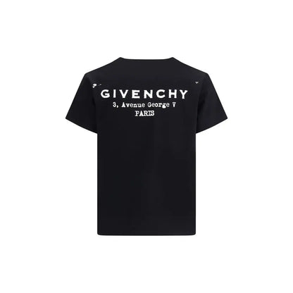 Svart Givenchy-logoet T-shirt med hvid Givenchy 3, avenue George V Paris-tekst på ryggen