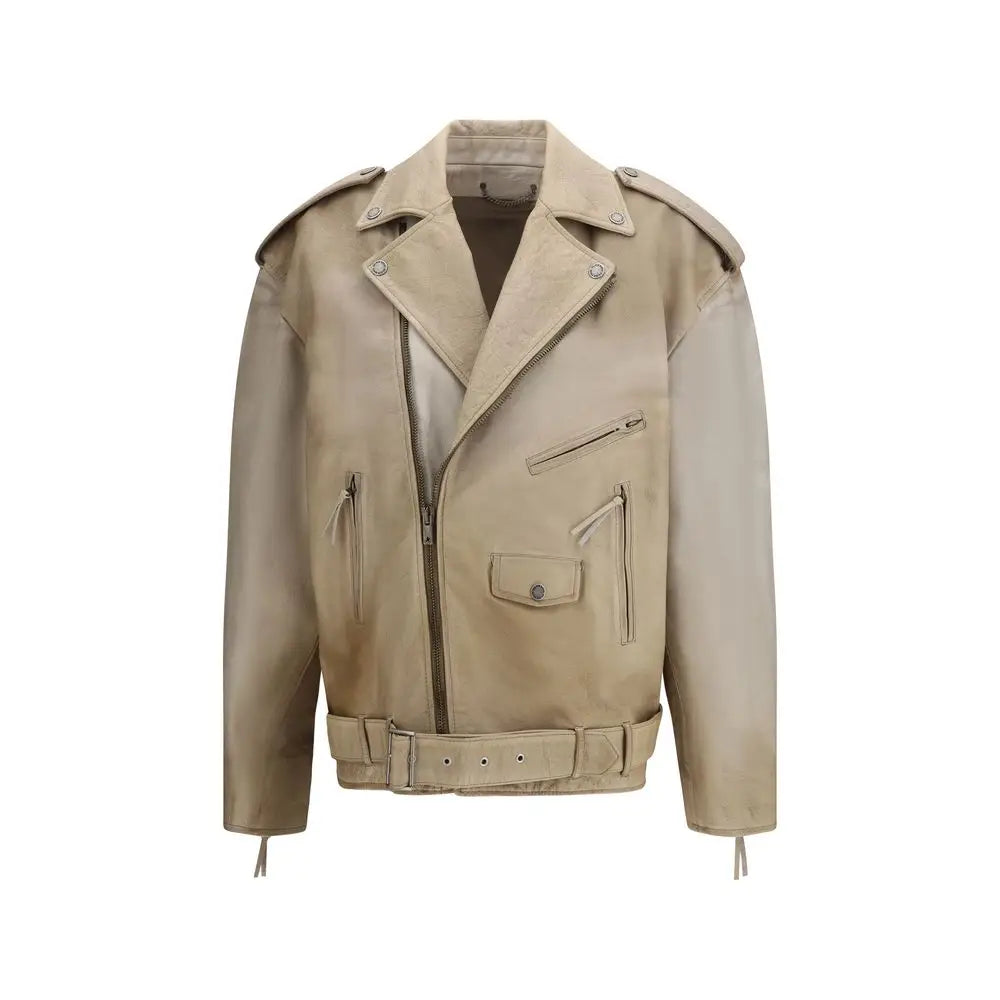 Golden Goose beige buffalo læder biker jakke med lynlåse og beltet talje
