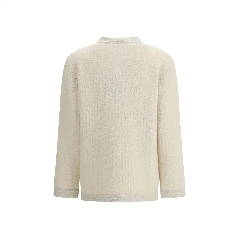 Gucci beige ull cardigan i cremfarvet, tekstureret strik med ribbet rund hals og manchetter