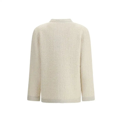 Gucci beige ull cardigan i cremfarvet, tekstureret strik med ribbet rund hals og manchetter