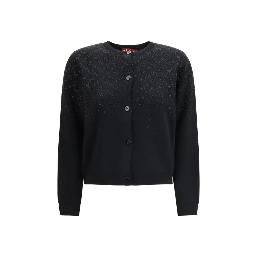 Gucci black wool cardigan med GG-mønster og sølvknapper