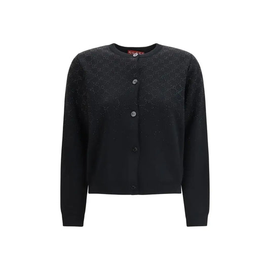 Gucci black wool cardigan med GG-mønster og sølvknapper