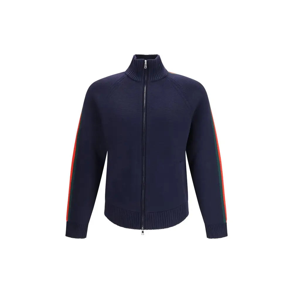Gucci blå uldtøj: marineblå strikket jakke med lynlås og rød-grønne stribede ærmer