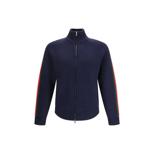 Gucci blå uldtøj: marineblå strikket jakke med lynlås og rød-grønne stribede ærmer