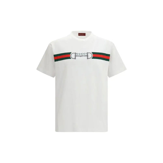 Hvid Gucci bomuld t-shirt med rød-grøn stribe og hestbit-logo
