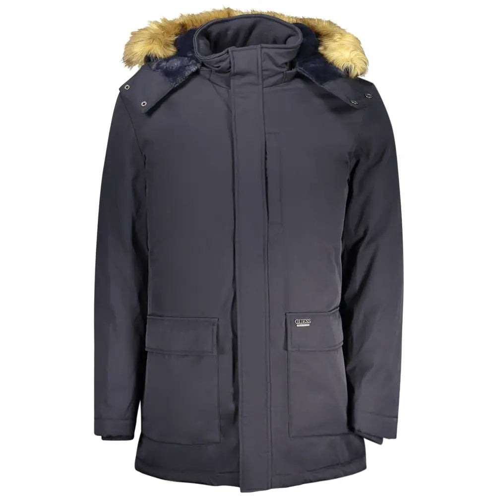 Guess jeans beige polyester jakke med mørkegrå parka, tan pelskantet hætte og Columbia-logo