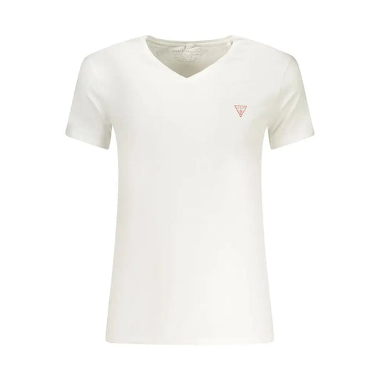 Hvid Guess V-hals T-shirt med pink trekantlogo, Guess Jeans Bianco bomuld