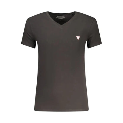 Mørkegrå V-hals sorte bomuldst-shirt Guess Jeans med lyserød trekantlogo