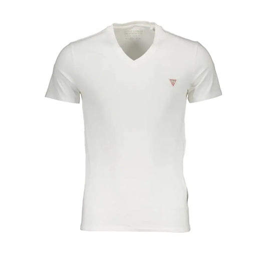 Guess jeans hvide v-hals t-shirt med rødt trekant-logo på venstre bryst