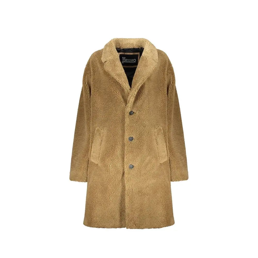 Herno bicolor polyester coat med tan shearling og plush krave