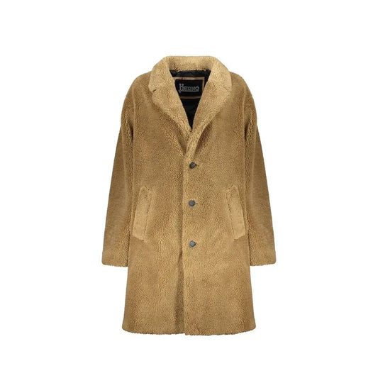 Herno bicolor polyester coat med tan shearling og plush krave
