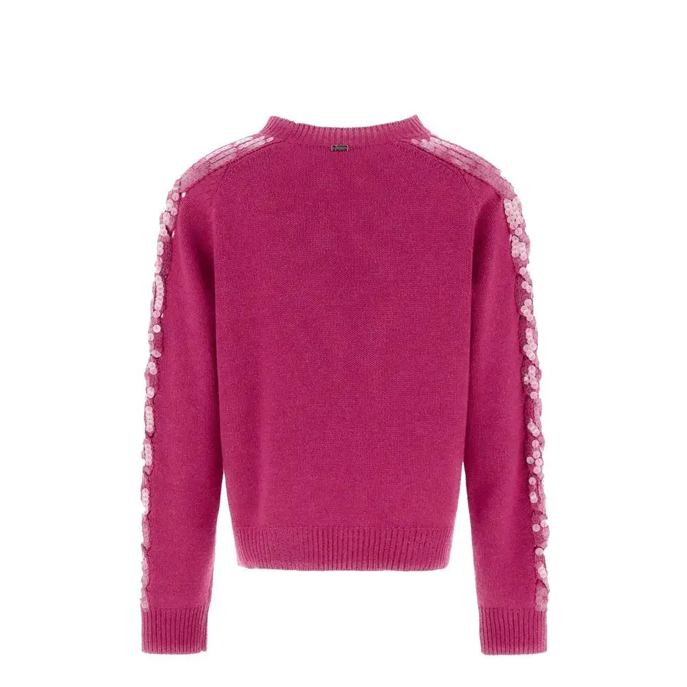 Vibrant fuchsia Herno multicolor cashmere sweater med pink blomster på ærmerne