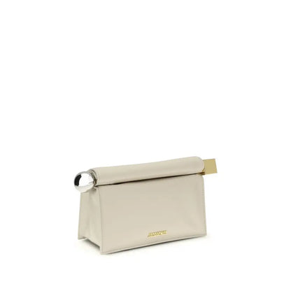 Sleek Jacquemus cream lamb ovis aries clutch bag in beige leather with silver sphere and gold clasp