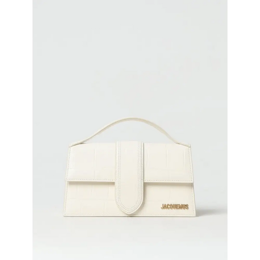 Jacquemus ivory cocco le grand bambino handbag i cremfarvet krokodillepræget læder med minimalistisk design og guldtonet Jacquemus-mærke
