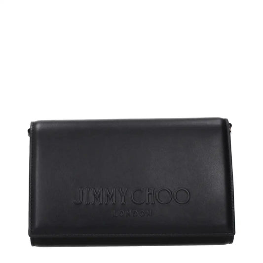 Jimmy Choo sort læderclutch med præget branding i outlet mærkevarer