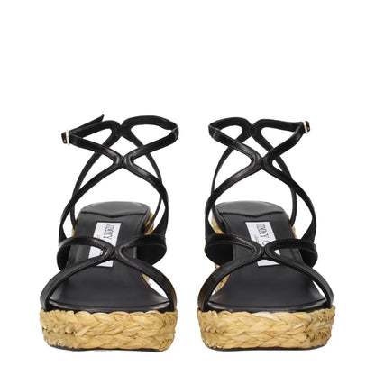 Jimmy Choo black læder strappy espadrille sandaler med juteklæk