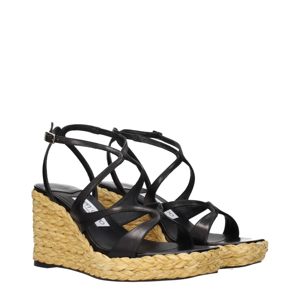 Jimmy Choo black læder strappy kile sandaler med vævet espadrille sål