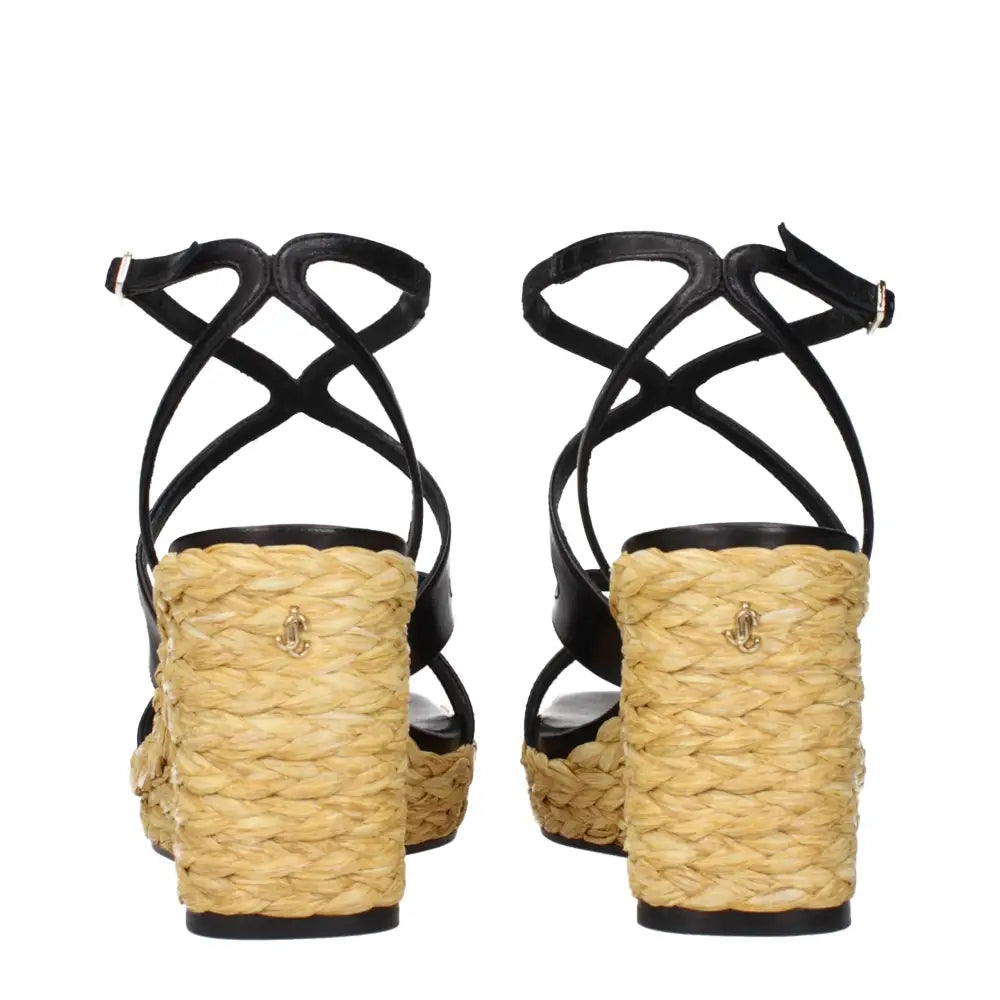 Jimmy Choo black leather strappy espadrille wedge sandals with woven heel