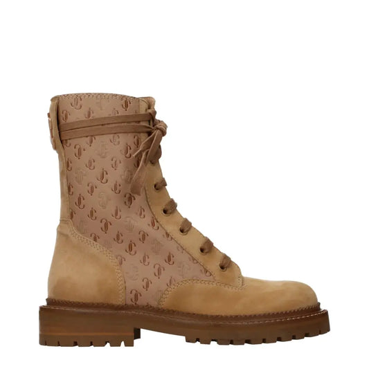 Jimmy choos brune tan suede combat boot med j-logo mønster
