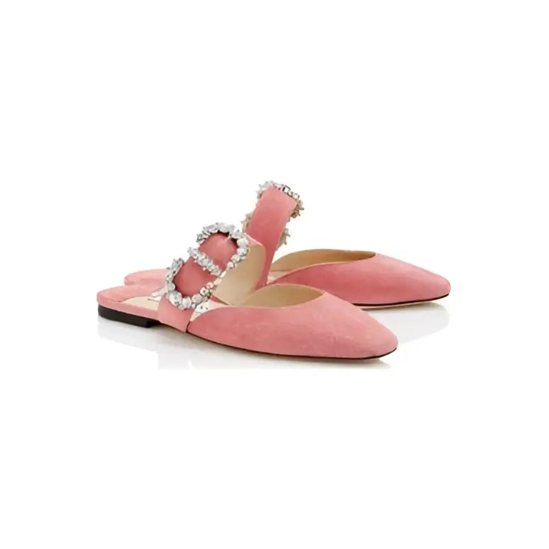 JIMMY CHOO Gee Flat Candyfloss Suede Flat Sandal With Jeweled Buckle