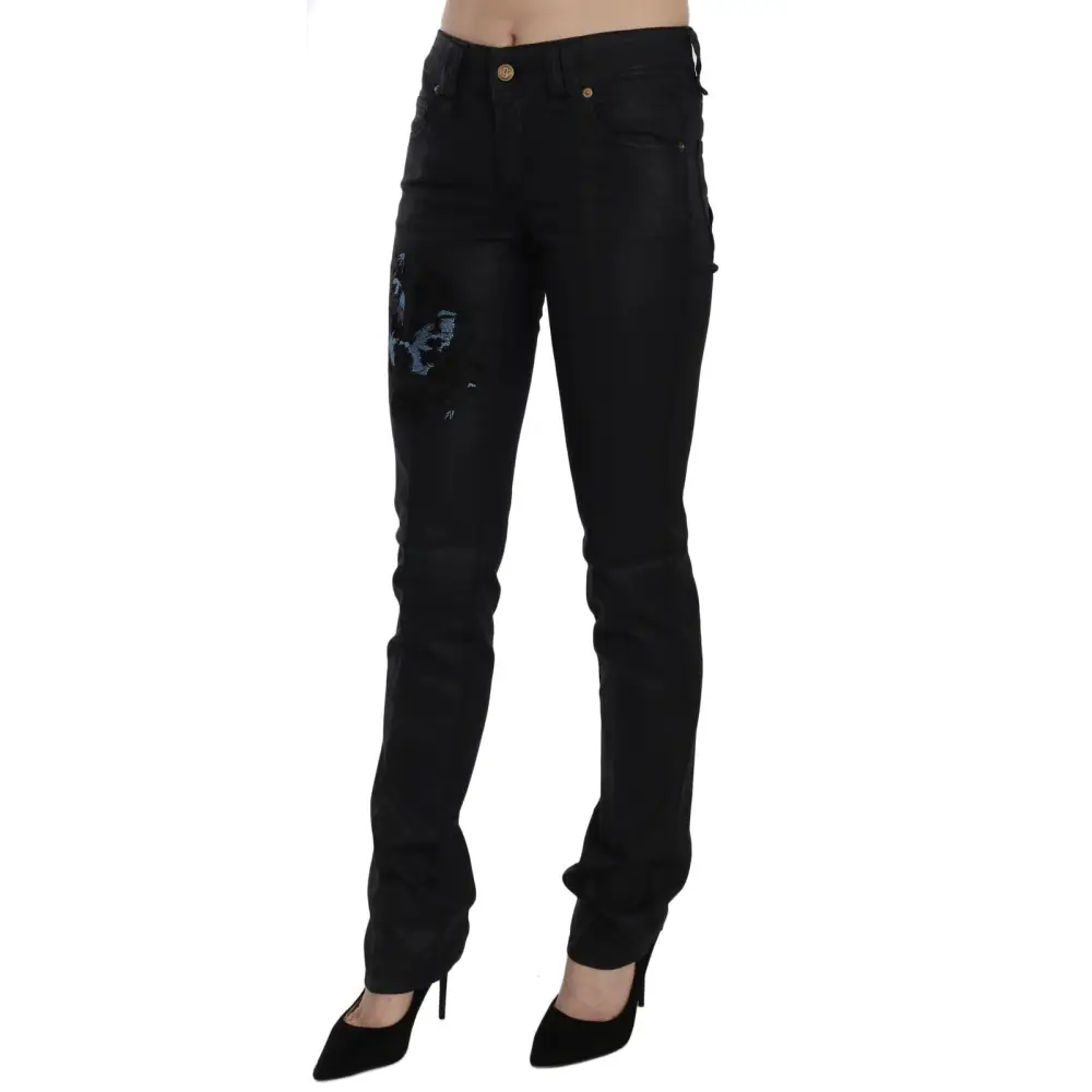 John Galliano Black Swan Floral Embroidered Mid Waist Skinny Denim Jeans - Jeans