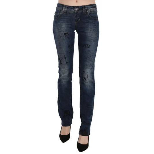 John Galliano blå avisprint lavtalje skinny denim bukser