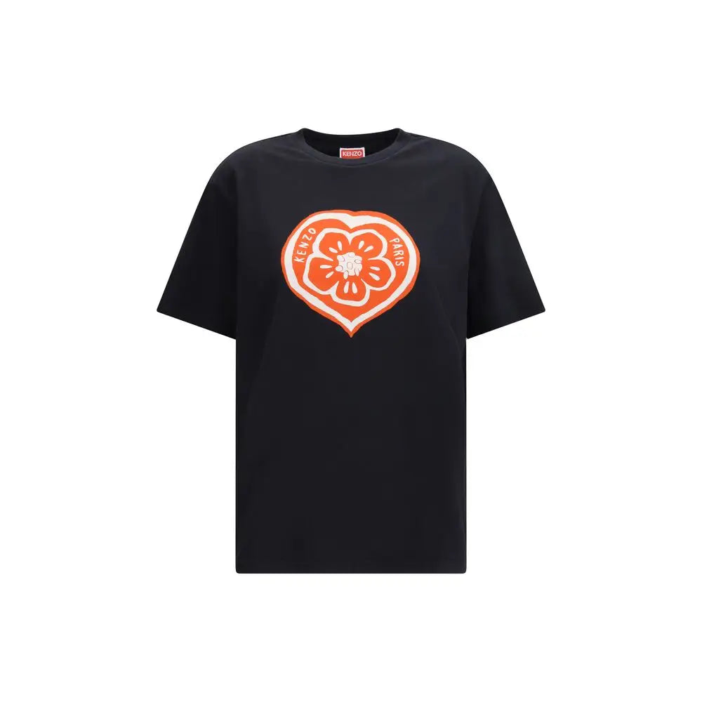 Kenzo black cotton t-shirt with orange heart floral graphic