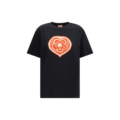 Kenzo black cotton t-shirt with orange heart floral graphic