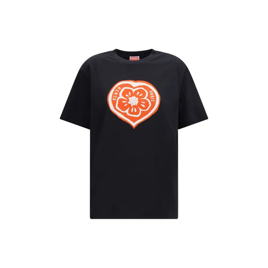 Kenzo black cotton t-shirt with orange heart floral graphic