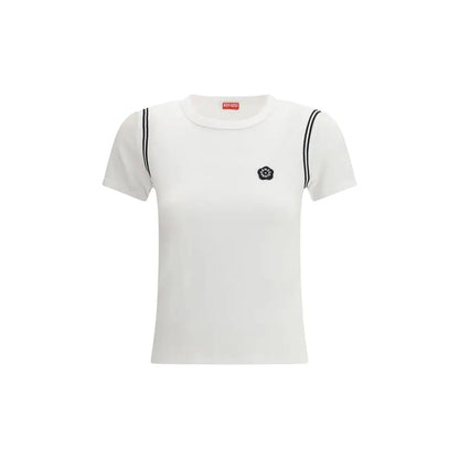 Kenzo hvid bomuldst-shirt med sorte striber og logo. Spar 30-70% på mode