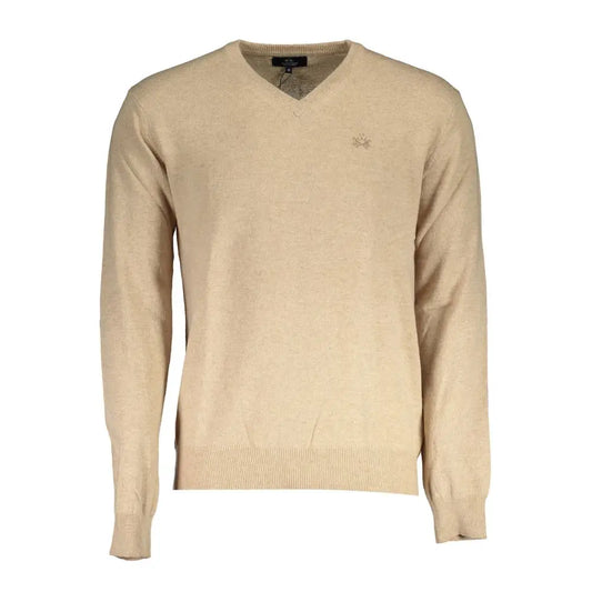 La Martina beige wool v-neck sweater med subtilt logo