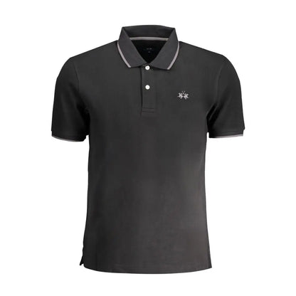La Martina black cotton polo skjorte med grå trim og logo