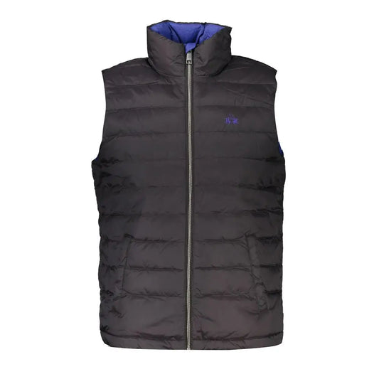 La Martina black polyamide quilted puffer vest med blå krave og lynlås