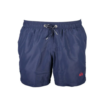 Navy blue polyester La Martina swim trunks med snørestalje og rødt logo