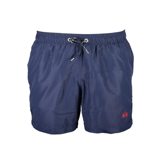 Navy blue polyester La Martina swim trunks med snørestalje og rødt logo
