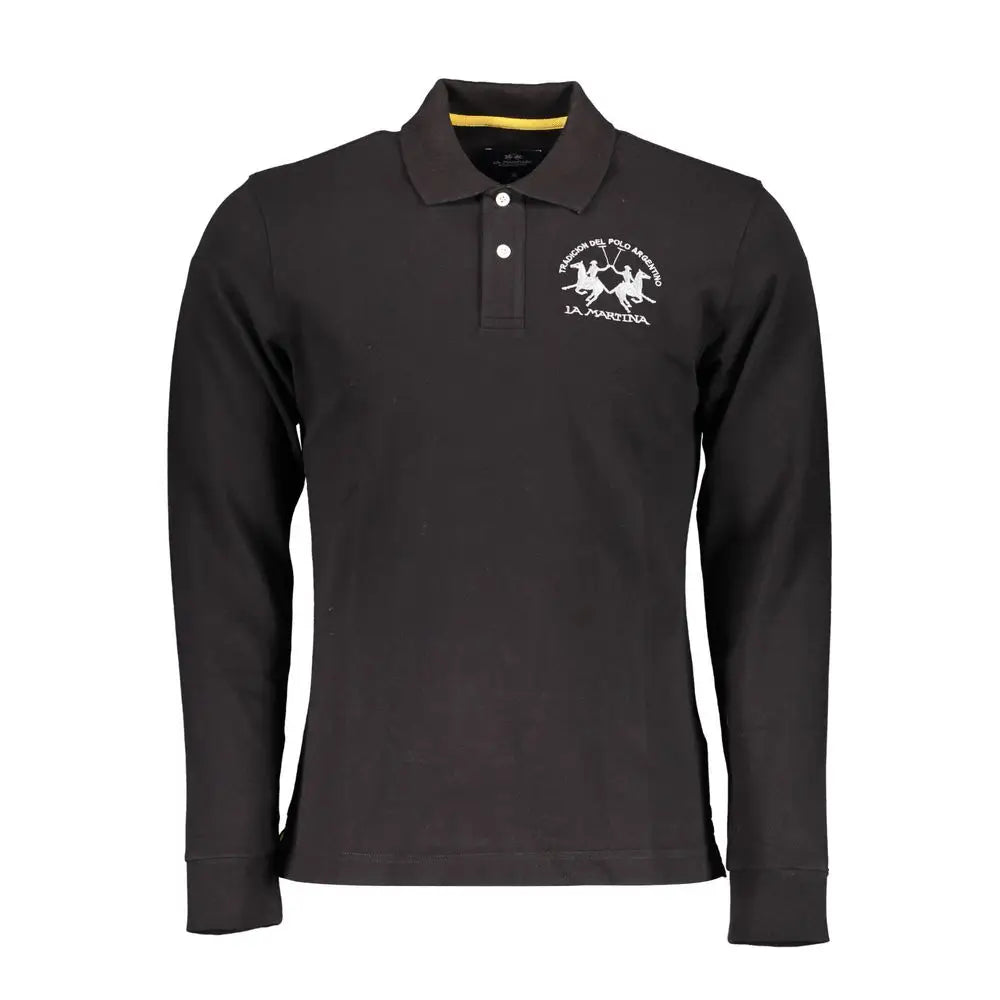La Martina elegant long sleeved black polo shirt med hvid logo og gul krave