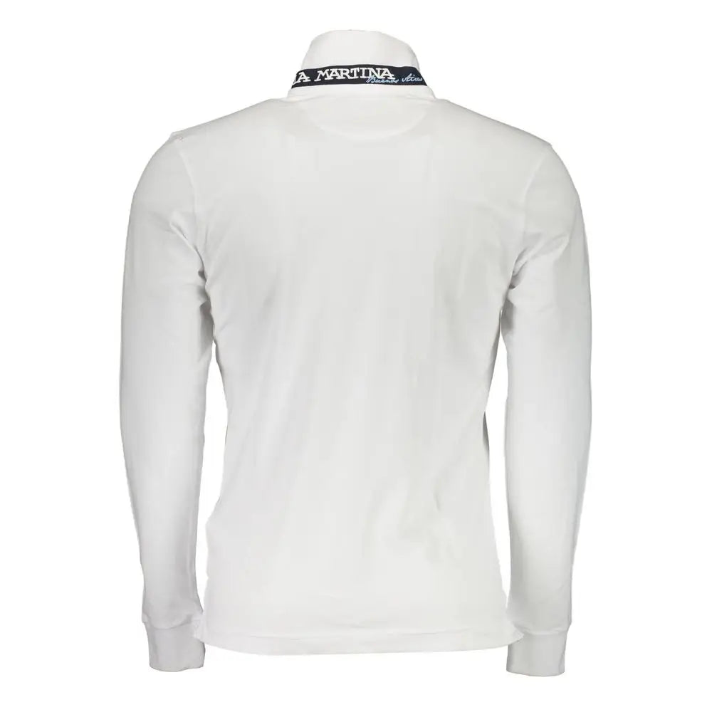 Hvid langærmet polo fra La Martina Elegant Slim med navy krave og a-brodér