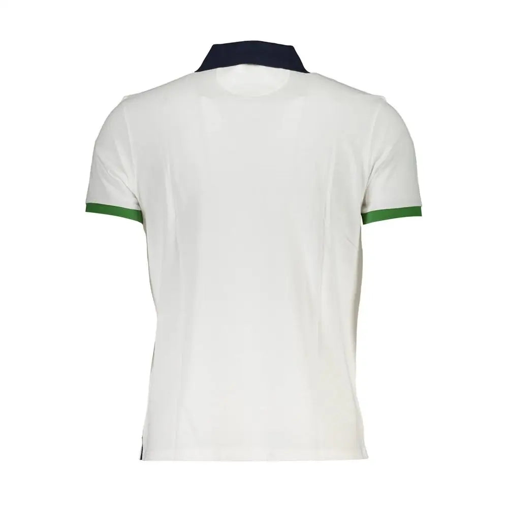 La Martina white cotton polo shirt with navy collar and green sleeve trim
