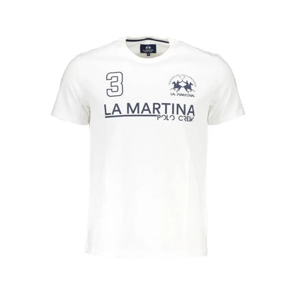 La Martina hvid bomuldst-shirt med navy grafik og 3, outlet mærkevarer