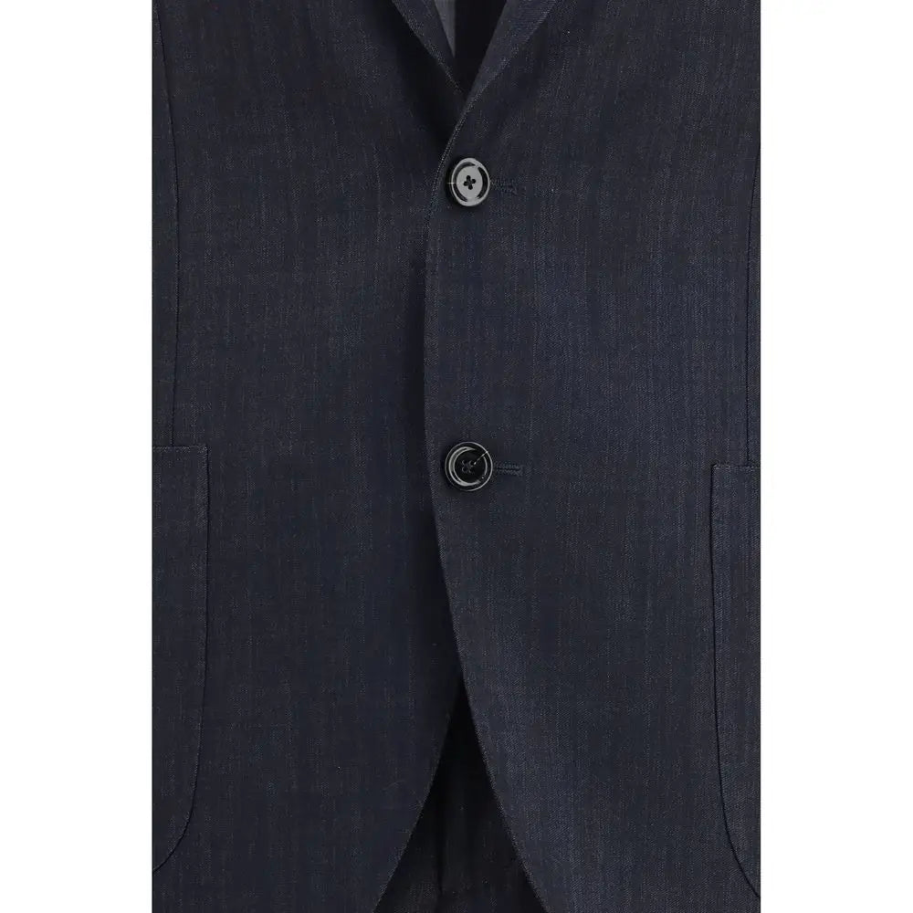 Lardini blue cotton jakke med mørkeblå uldtekstur og sølvknapper med korsdesign