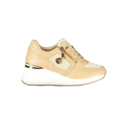 Laura Biagiotti beige polyester sneakers med guld lynlås og metallic hæl
