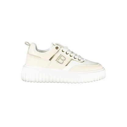 Creamfarvet Laura Biagiotti beige polyester sneakers med tekstureret hvid sål og guld bogstaver