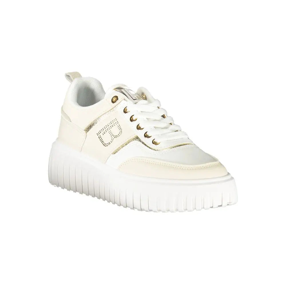 Hvide platform sneakers fra Laura Biagiotti i beige polyester med guld-tone eyelets og metallisk logo