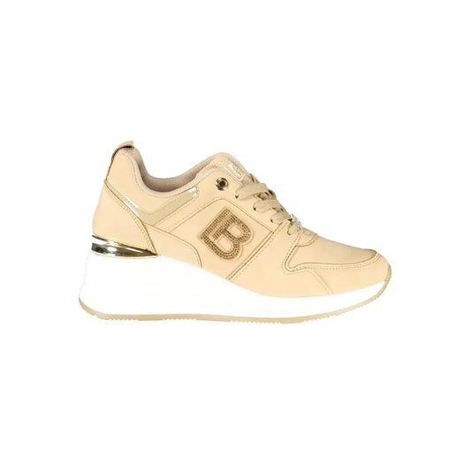 Laura Biagiotti beige polyester sneaker med guld b-logo og hvid sål