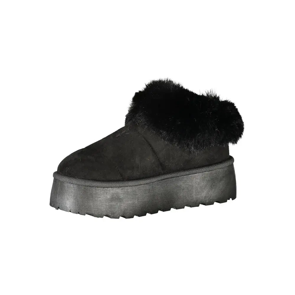 Laura Biagiotti sorte suede slip-on støvle med faux fur manchet og platform sål, 100% originale brands fra outlet mærkevarer
