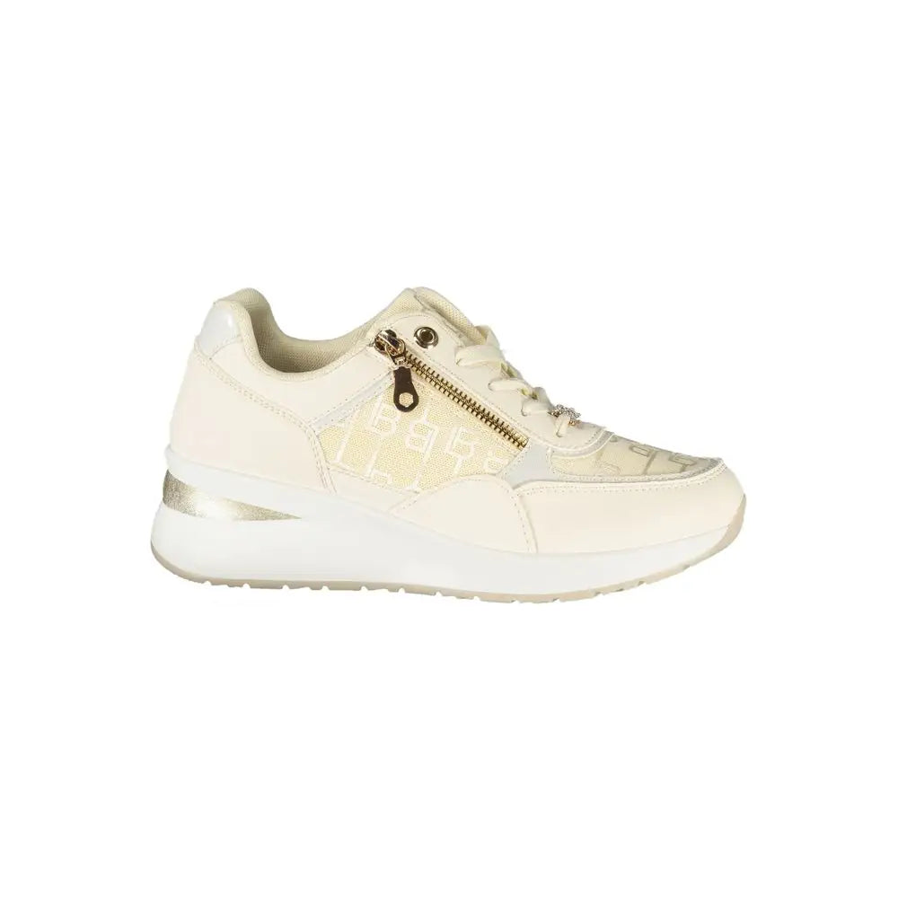 Laura Biagiotti white polyester sneakers with cream color, geometric pattern, gold zipper and silver accents