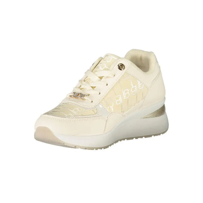 Laura Biagiotti white polyester sneakers med cremefarvet lace-up design, tekstureret mesh-panel og guldaccents