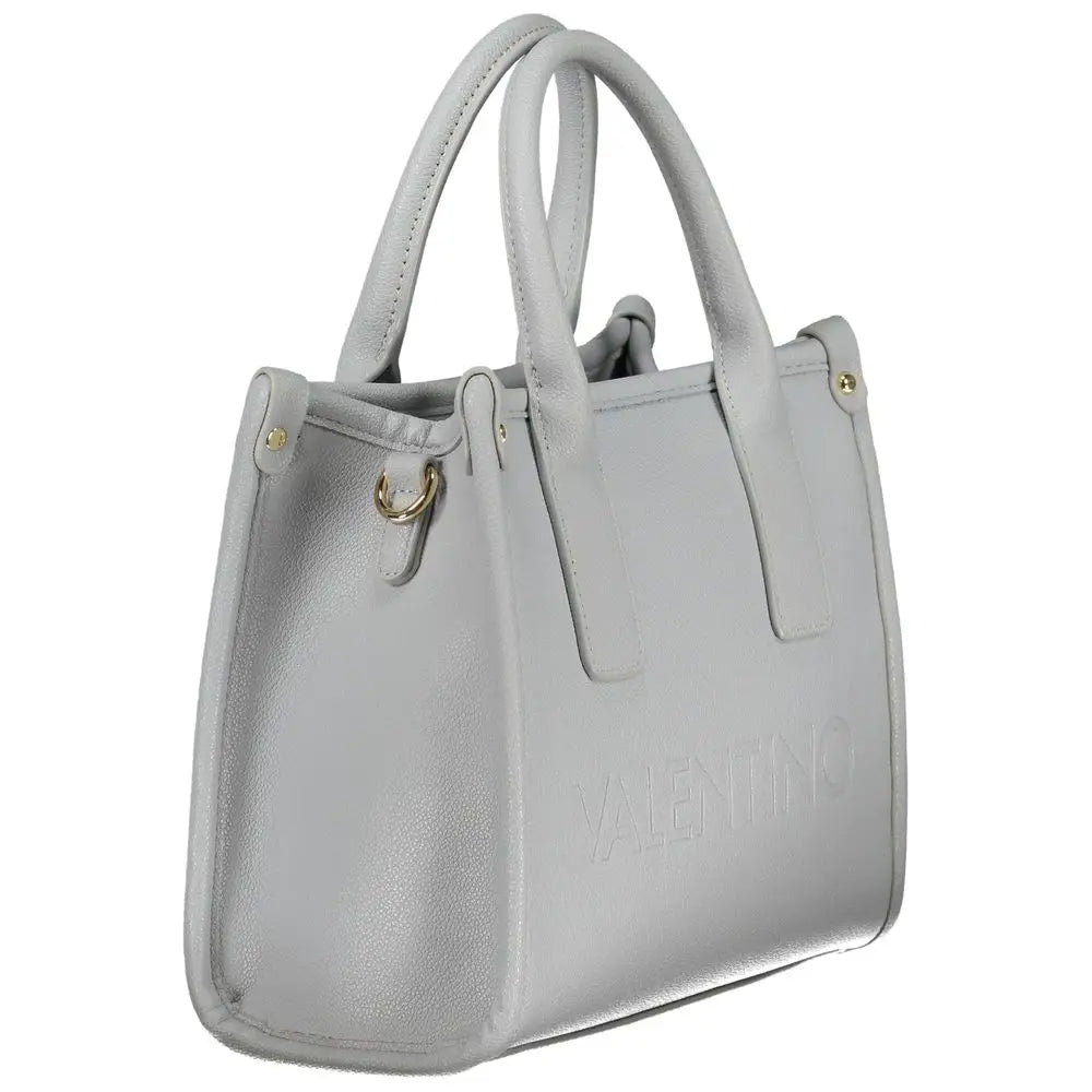 Mario Valentino Azzurro polyurethane light gray leather tote bag with embossed Valentino branding and gold-tone hardware