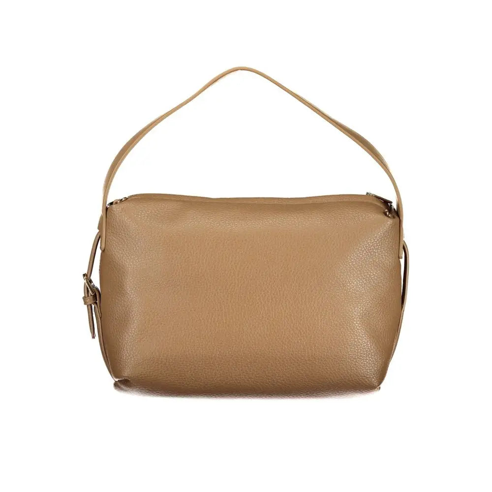 Mario Valentino Marrone polyurethane tan pebbled leather shoulder bag with top handle and zipper